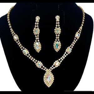 GOLD tone Arora borealis rhinestone necklace earring set wedding prom bridesmaid
